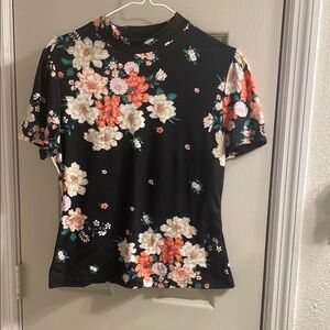 SHEIN Black and Pink Fitted Blouse with Mandarin Collar